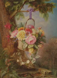 Korb mit Rosen und Fuchsien, 19. Jahrhundert